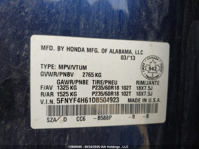 Продажа на аукционе авто 2013 Honda Pilot Ex-l, vin: 5FNYF4H61DB504923, номер лота: 12685045