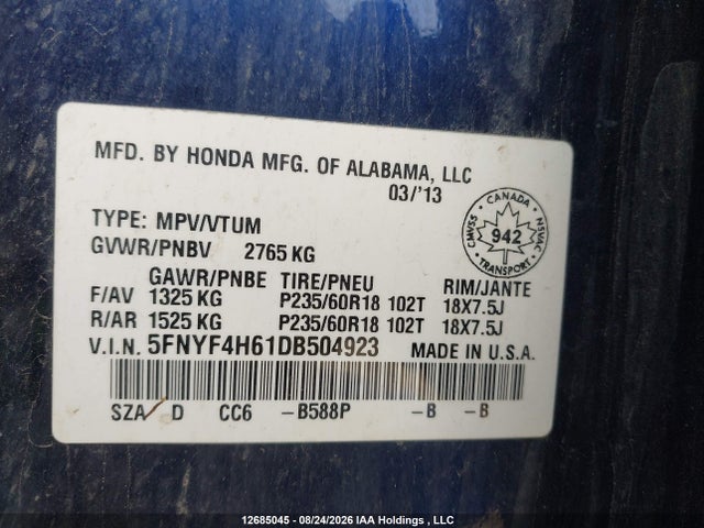 Продажа на аукционе авто 2013 Honda Pilot Ex-l, vin: 5FNYF4H61DB504923, номер лота: 12685045