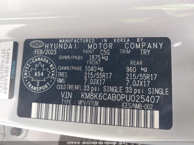 Aukcja sprzedaży 2023 Hyundai Kona Preferred Awd With Sun And Leather Package, vin: KM8K6CAB0PU025407, numer aukcji: 12707616