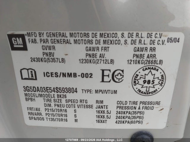 2004 Buick Rendezvous Cx/cx Plus/cxl/cxl Plus მანქანა იყიდება აუქციონზე, vin: 3G5DA03E54S593804, აუქციონის ნომერი: 12707869