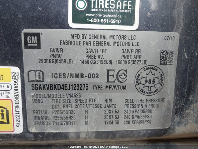 12694898 :رقم المزاد ، 5GAKVBKD4EJ123275 vin ، 2014 Buick Enclave Leather مزاد بيع