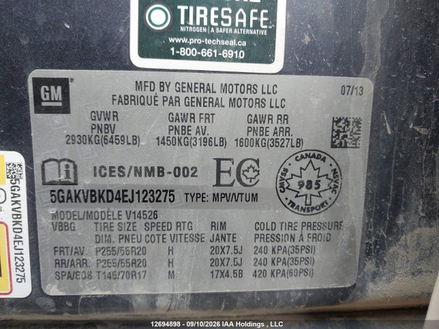 12694898 :رقم المزاد ، 5GAKVBKD4EJ123275 vin ، 2014 Buick Enclave Leather مزاد بيع