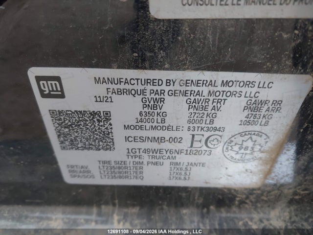 12691108 :رقم المزاد ، 1GT49WEY6NF182073 vin ، 2022 Gmc Sierra 3500hd Denali مزاد بيع