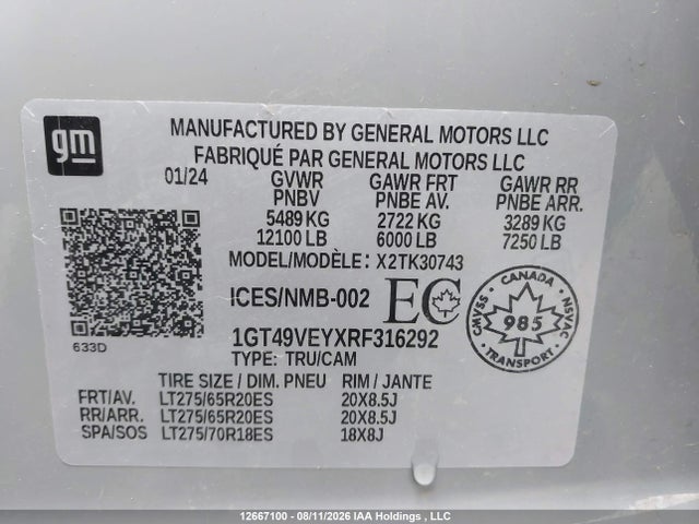 Aukcja sprzedaży 2024 Gmc Sierra 3500hd At4, vin: 1GT49VEYXRF316292, numer aukcji: 12667100