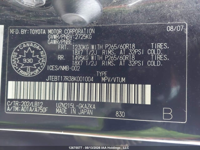 Продажа на аукционе авто 2008 Toyota 4runner Limited V8, vin: JTEBT17R38K001004, номер лота: 12675577