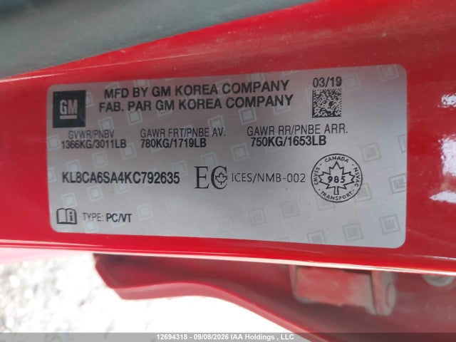 Продажа на аукционе авто 2019 Chevrolet Spark Ls Manual, vin: KL8CA6SA4KC792635, номер лота: 12694318