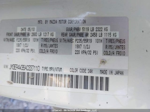 12704143 :رقم المزاد ، JM3ER4W36A0337110 vin ، 2010 Mazda Cx-7 Gs/gt مزاد بيع