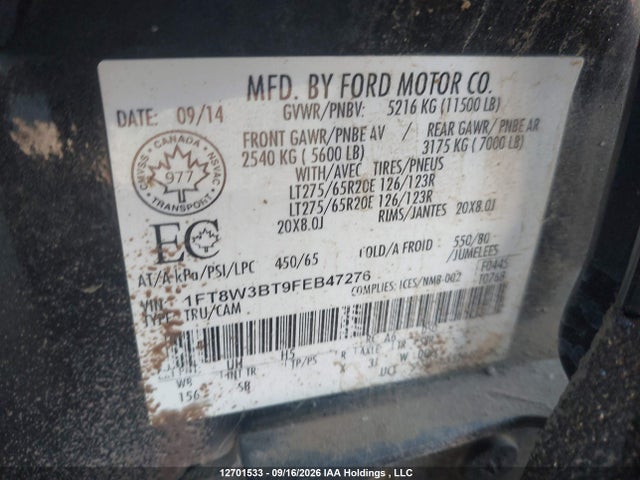 2015 Ford F-350 Lariat მანქანა იყიდება აუქციონზე, vin: 1FT8W3BT9FEB47276, აუქციონის ნომერი: 12701533