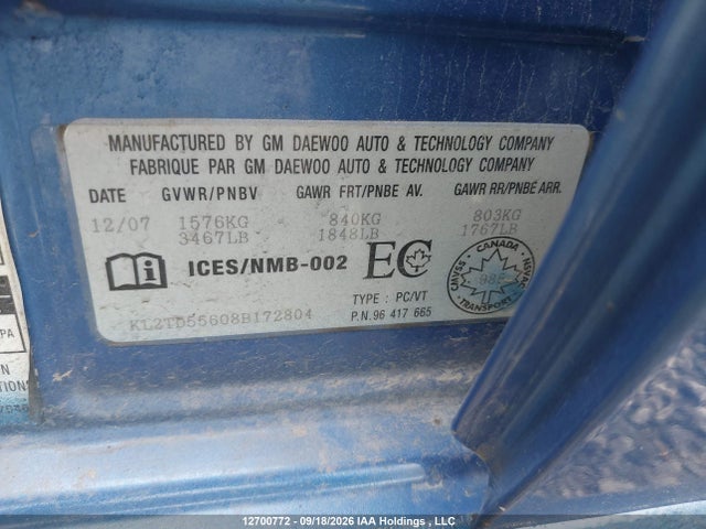 12700772 :رقم المزاد ، KL2TD55608B172804 vin ، 2008 Pontiac Wave مزاد بيع