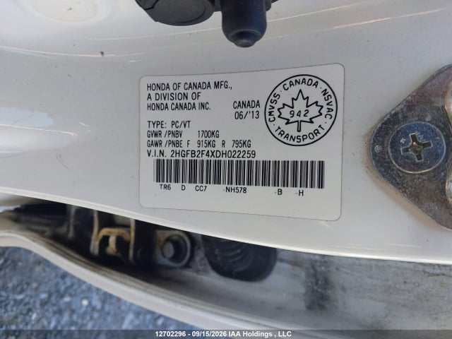 2013 Honda Civic Lx მანქანა იყიდება აუქციონზე, vin: 2HGFB2F4XDH022259, აუქციონის ნომერი: 12702296