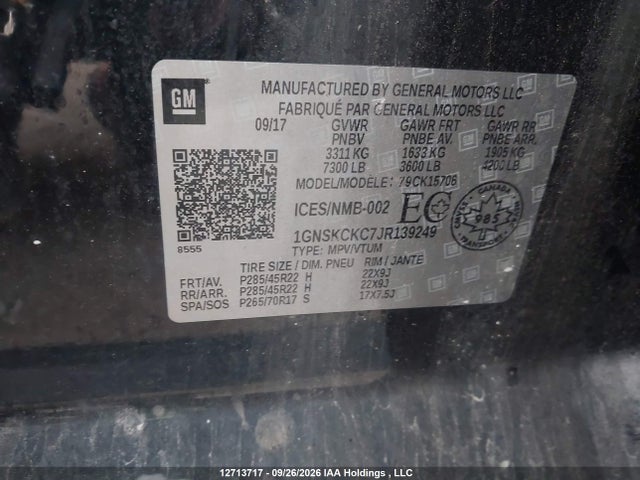 Продажа на аукционе авто 2018 Chevrolet Tahoe K1500 Premier, vin: 1GNSKCKC7JR139249, номер лота: 12713717