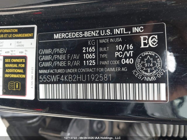 Продаж на аукціоні авто 2017 Mercedes-benz C 300, vin: 55SWF4KB2HU192581, номер лоту: 12713722