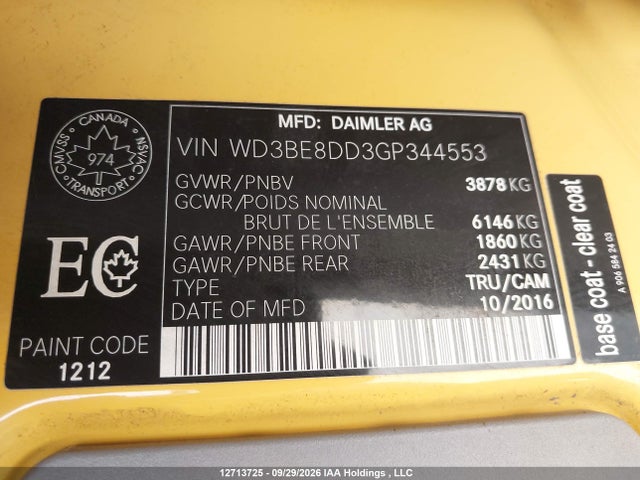 12713725 :رقم المزاد ، WD3BE8DD3GP344553 vin ، 2016 Mercedes-benz Sprinter 2500 مزاد بيع