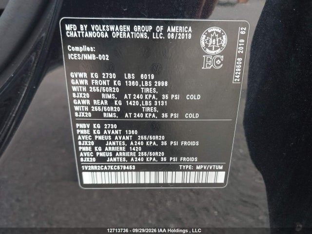 Aukcja sprzedaży 2019 Volkswagen Atlas 3.6 Fsi Highline, vin: 1V2RR2CA7KC579453, numer aukcji: 12713736
