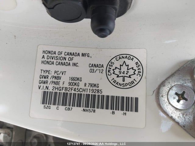 Aukcja sprzedaży 2012 Honda Civic Lx, vin: 2HGFB2F45CH119285, numer aukcji: 12713741