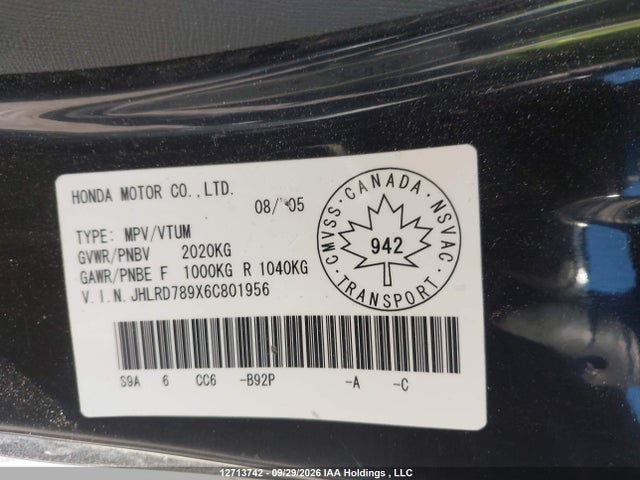 2006 Honda Cr-v Se/ex მანქანა იყიდება აუქციონზე, vin: JHLRD789X6C801956, აუქციონის ნომერი: 12713742