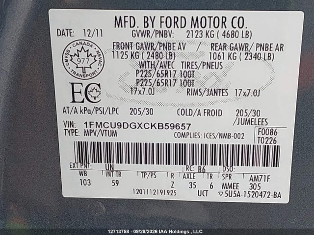 12713758 :رقم المزاد ، 1FMCU9DGXCKB59657 vin ، 2012 Ford Escape Xlt مزاد بيع