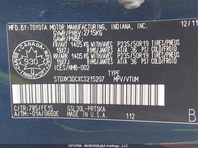 Продаж на аукціоні авто 2012 Toyota Sienna Sport, vin: 5TDXK3DCXCS215207, номер лоту: 12713769