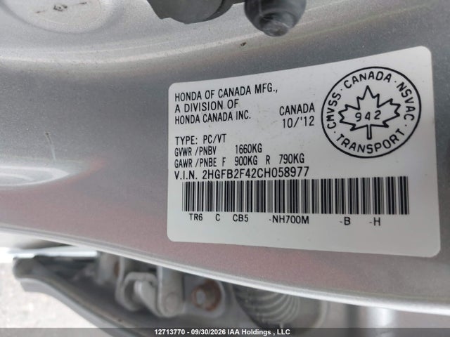 12713770 :رقم المزاد ، 2HGFB2F42CH058977 vin ، 2012 Honda Civic Lx مزاد بيع