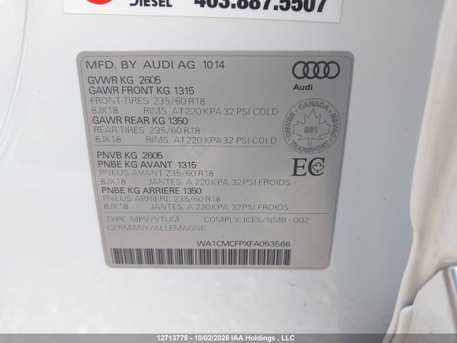 12713778 :رقم المزاد ، WA1CMCFPXFA053566 vin ، 2015 Audi Q5 3.0 Tdi Progressiv مزاد بيع