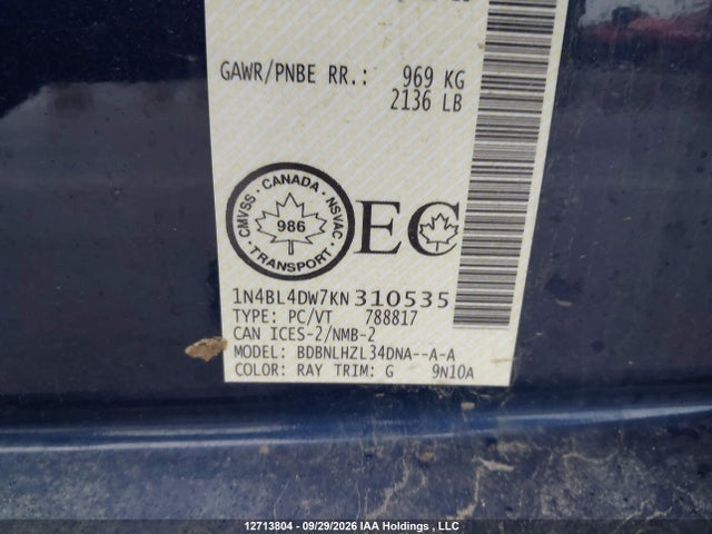 12713804 :رقم المزاد ، 1N4BL4DW7KN310535 vin ، 2019 Nissan Altima 2.5 Sv مزاد بيع