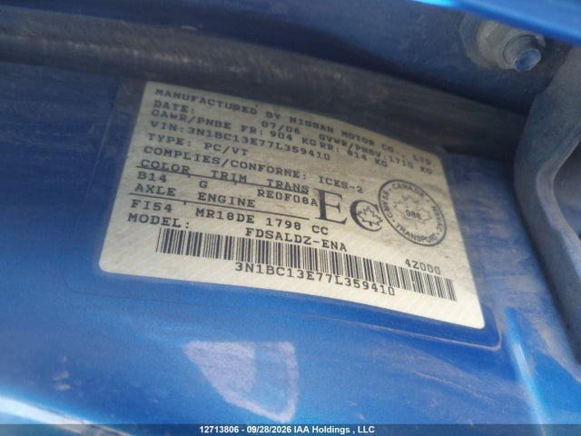 Продаж на аукціоні авто 2007 Nissan Versa S/sl, vin: 3N1BC13E77L359410, номер лоту: 12713806