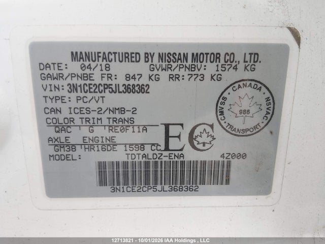 Продаж на аукціоні авто 2018 Nissan Versa Note 1.6 S/1.6 Sr/1.6 Sv, vin: 3N1CE2CP5JL368362, номер лоту: 12713821
