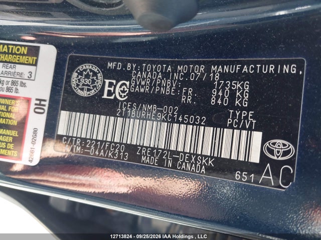 12713824 :رقم المزاد ، 2T1BURHE9KC145032 vin ، 2019 Toyota Corolla Se مزاد بيع