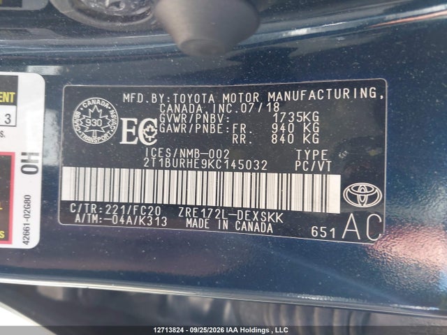 12713824 :رقم المزاد ، 2T1BURHE9KC145032 vin ، 2019 Toyota Corolla Se مزاد بيع