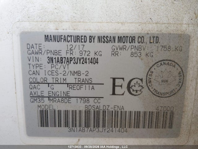 Продажа на аукционе авто 2018 Nissan Sentra 1.8 S/s/sv/sv Midnight Edition, vin: 3N1AB7AP3JY241404, номер лота: 12713833