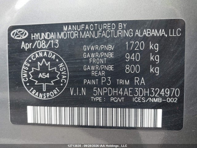 Aukcja sprzedaży 2013 Hyundai Elantra Gls, vin: 5NPDH4AE3DH324970, numer aukcji: 12713835