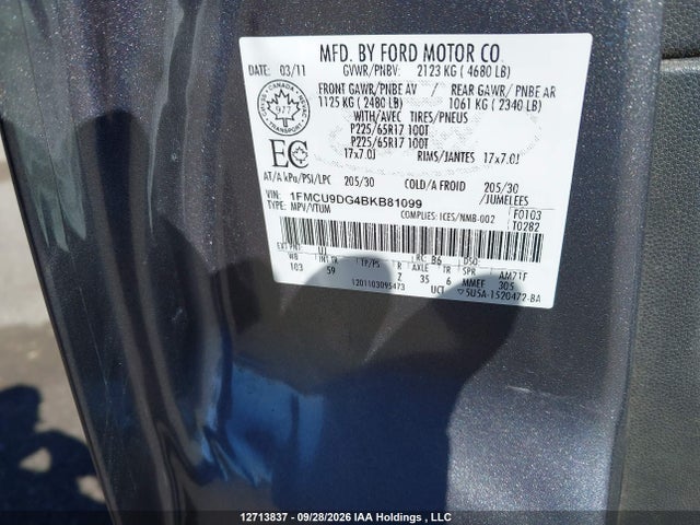 12713837 :رقم المزاد ، 1FMCU9DG4BKB81099 vin ، 2011 Ford Escape Xlt Automatic مزاد بيع