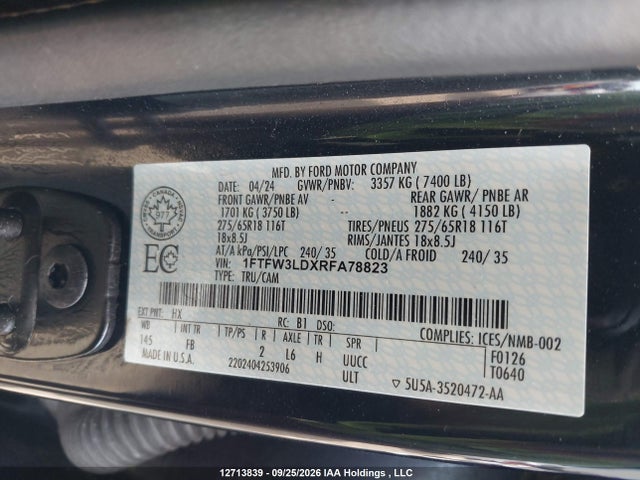 12713839 :رقم المزاد ، 1FTFW3LDXRFA78823 vin ، 2024 Ford F-150 Xlt مزاد بيع