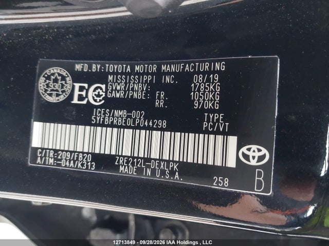12713849 :رقم المزاد ، 5YFBPRBE0LP044298 vin ، 2020 Toyota Corolla Le مزاد بيع