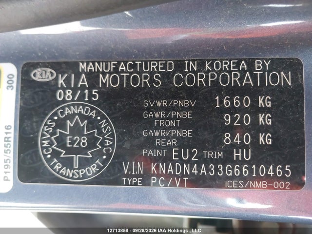 KNADN4A33G6610465 KIA Rio Ex/ex+ W/sunroof/lx/lx+/lx+ Eco/sx
