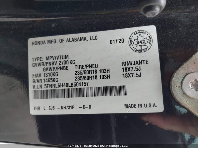 Auction sale of the 2020 Honda Odyssey Ex, vin: 5FNRL6H40LB504157, lot number: 12713876