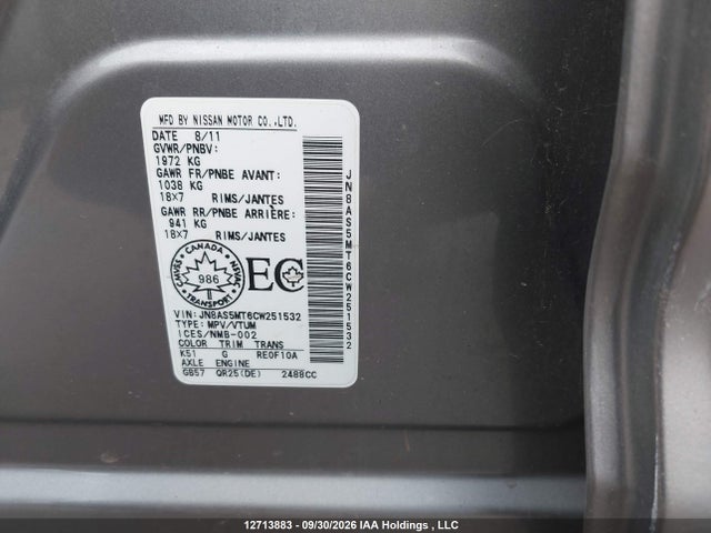 12713883 :رقم المزاد ، JN8AS5MT6CW251532 vin ، 2012 Nissan Rogue Sv مزاد بيع
