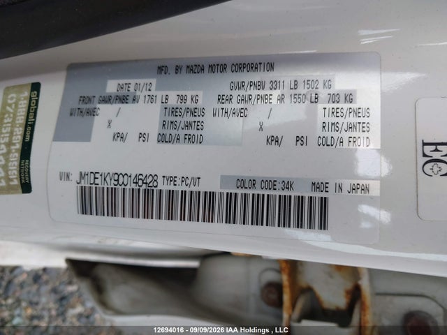 Aukcja sprzedaży 2012 Mazda Mazda2 Gx, vin: JM1DE1KY9C0146428, numer aukcji: 12694016