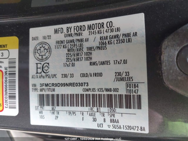 Продажа на аукционе авто 2022 Ford Bronco Sport Badlands, vin: 3FMCR9D99NRE03073, номер лота: 12713897