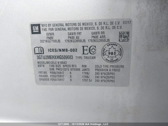 3GTU2MEHXHG509683 GMC Sierra K1500 Sle