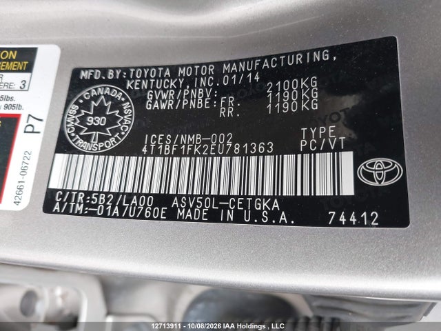 Aukcja sprzedaży 2014 Toyota Camry L/se/le/xle, vin: 4T1BF1FK2EU781363, numer aukcji: 12713911