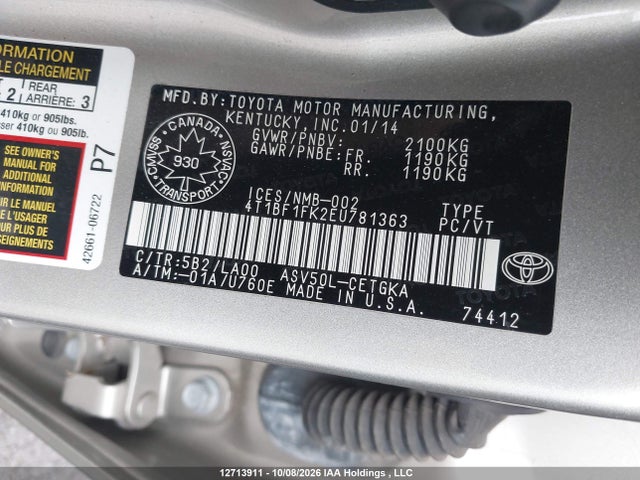 Aukcja sprzedaży 2014 Toyota Camry L/se/le/xle, vin: 4T1BF1FK2EU781363, numer aukcji: 12713911