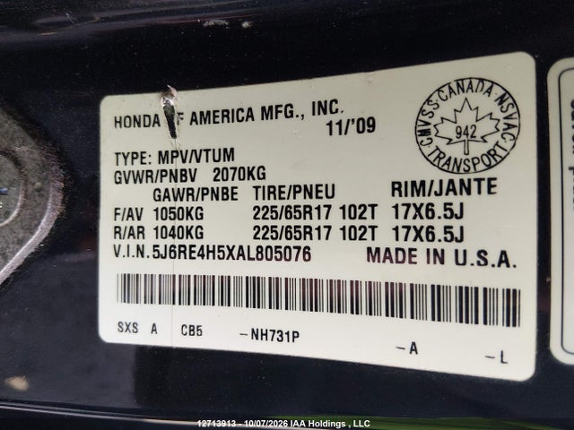 Продажа на аукционе авто 2010 Honda Cr-v Ex, vin: 5J6RE4H5XAL805076, номер лота: 12713913