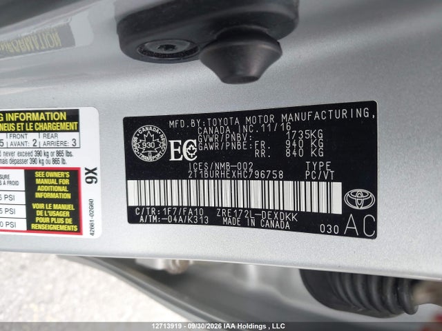 12713919 :رقم المزاد ، 2T1BURHEXHC796758 vin ، 2017 Toyota Corolla Ce مزاد بيع