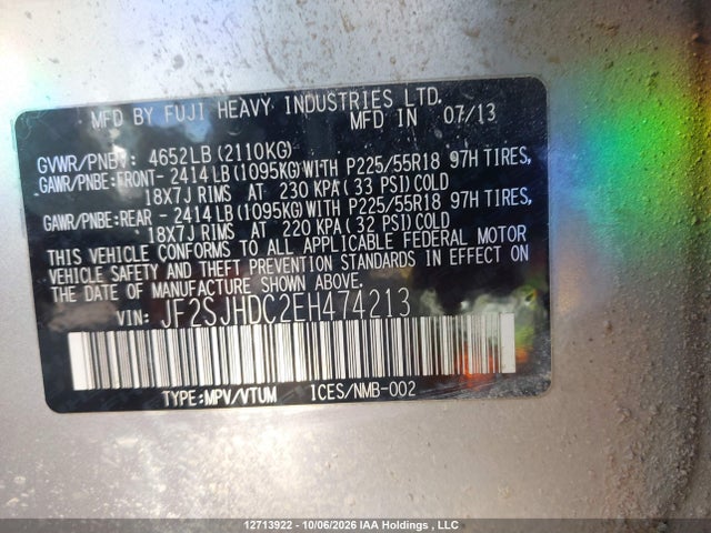 2014 Subaru Forester მანქანა იყიდება აუქციონზე, vin: JF2SJHDC2EH474213, აუქციონის ნომერი: 12713922