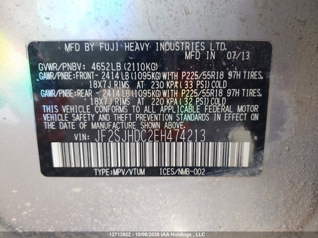 2014 Subaru Forester მანქანა იყიდება აუქციონზე, vin: JF2SJHDC2EH474213, აუქციონის ნომერი: 12713922