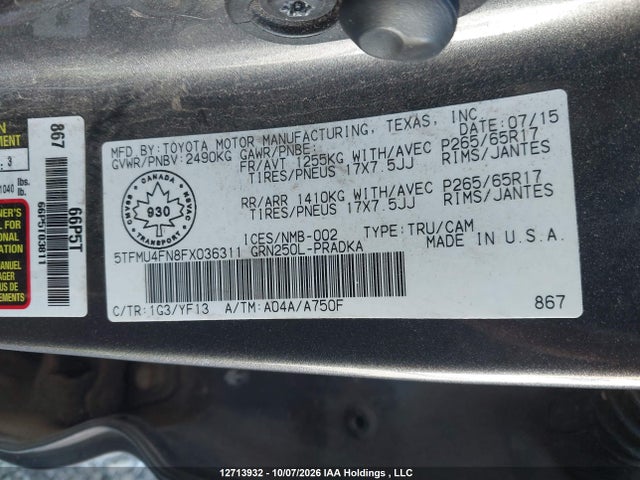 2015 Toyota Tacoma Double Cab Long Bed მანქანა იყიდება აუქციონზე, vin: 5TFMU4FN8FX036311, აუქციონის ნომერი: 12713932