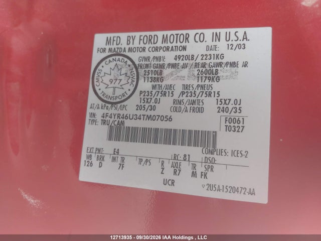 Продаж на аукціоні авто 2004 Mazda B3000 Cab Plus, vin: 4F4YR46U34TM07056, номер лоту: 12713935