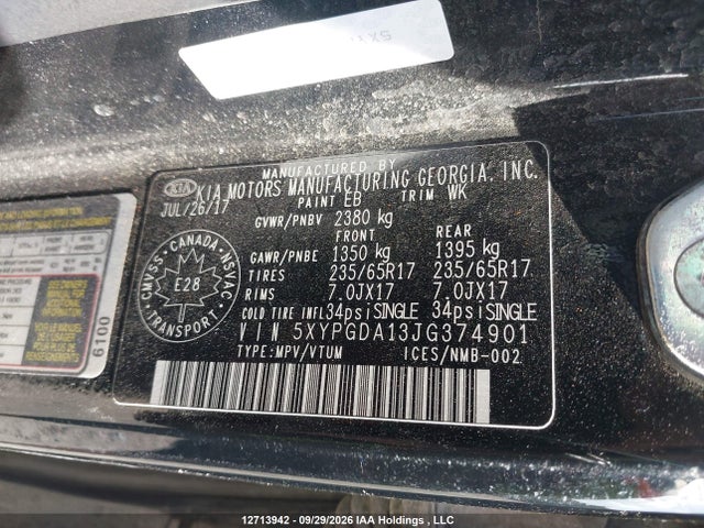 Продаж на аукціоні авто 2018 Kia Sorento, vin: 5XYPGDA13JG374901, номер лоту: 12713942