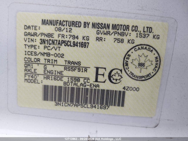 Продаж на аукціоні авто 2012 Nissan Versa S/sv/sl, vin: 3N1CN7AP5CL941697, номер лоту: 12713963